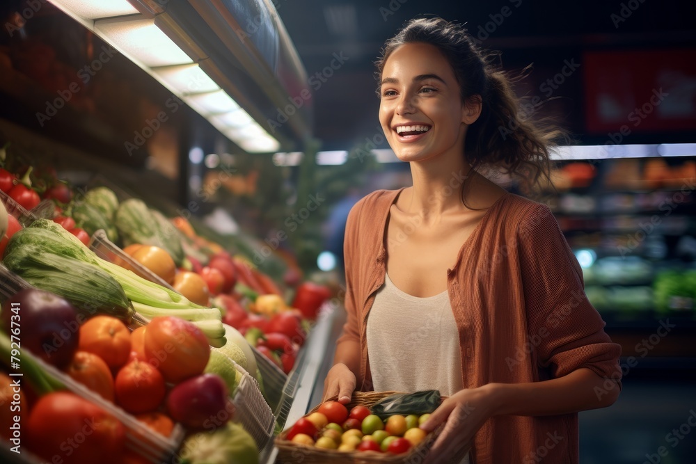 A happy young woman with a basket of fresh vegetables in the supermarket. 