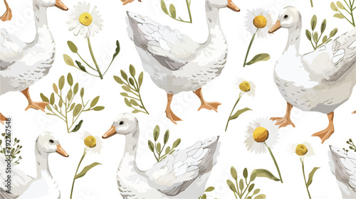 White geese or ducks and camomile flowers. Abstract q photo