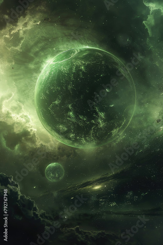 A space scene featuring a distant green planet against a dark backdrop of stars © sommersby