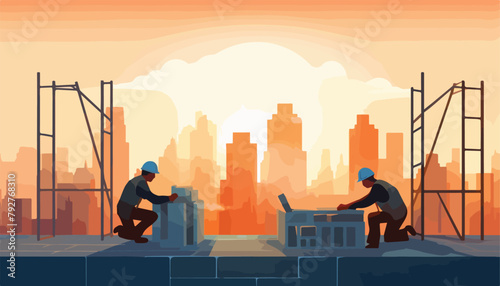 Construction workers working on building site at sunset, flat vector illustration.