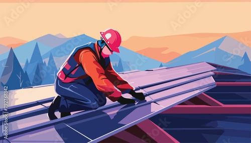 Vector illustration of a snowboarder on the roof of a ski resort