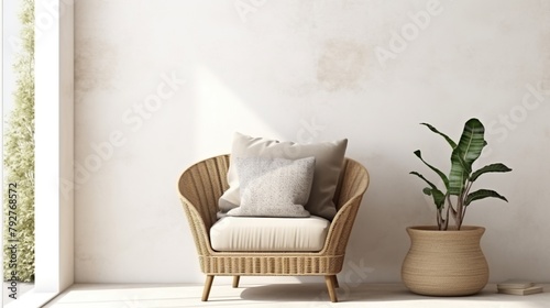 Simple living room interior with wicker armchair and natural shadow on wall from window.