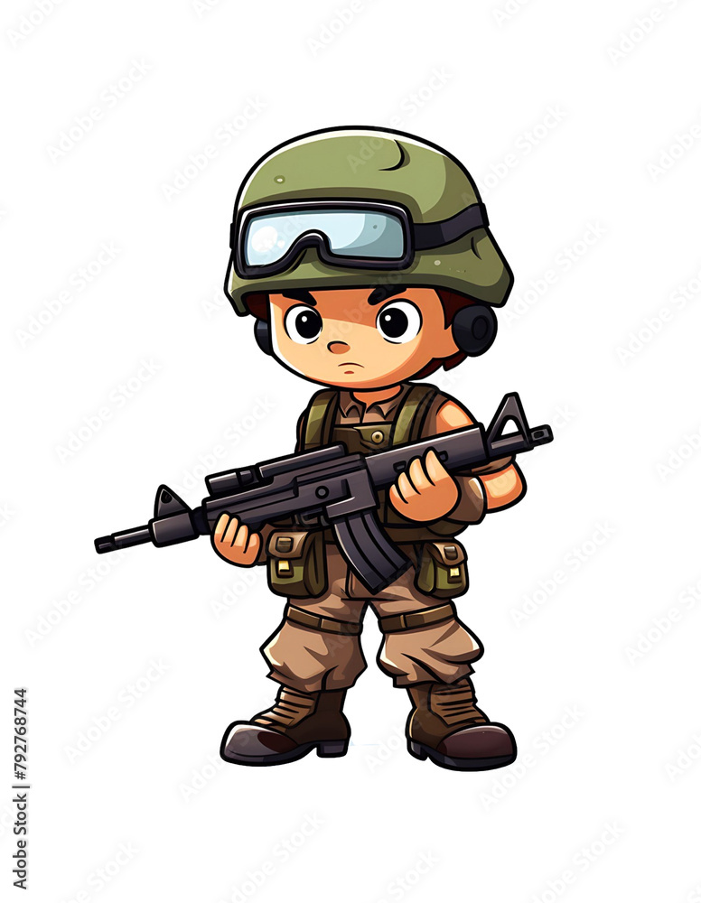 Chibi-style illustration of a young, confident soldier in combat gear with goggles and a helmet, holding a submachine gun. Generative AI Chibi-style illustration of a young, confident soldier in combat gear with goggles and a helmet, holding a submachine gun. Generative AI