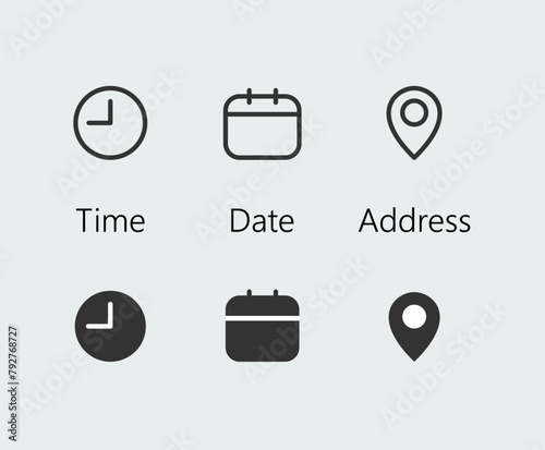 Time, date, address, location icon set. Clock, calendar, reminder, position symbols. Sign business easily editable vector design.