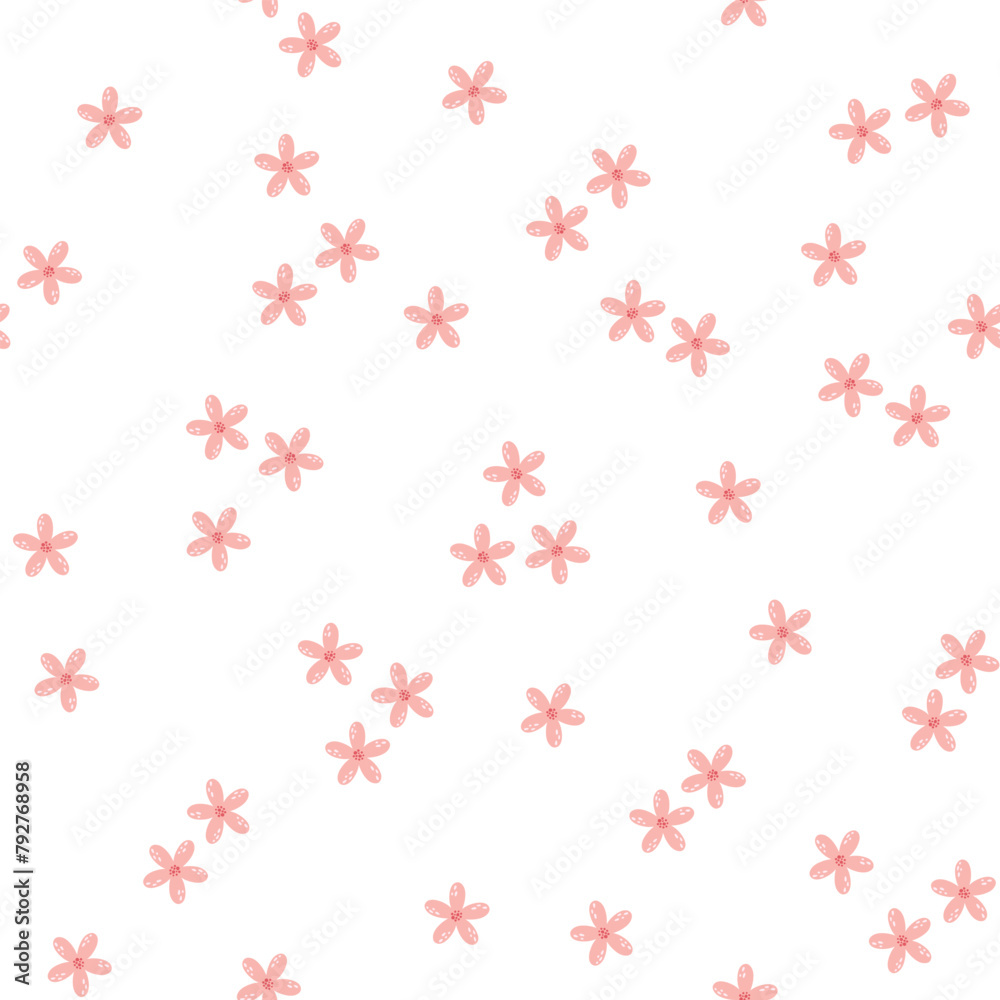 Cute hand drawn pink flowers seamless vector pattern. Simple Scandi style design. Fun seasonal floral background for apparel, fabric, wallpaper, textile, packaging, card, print, gift, wrapping paper.