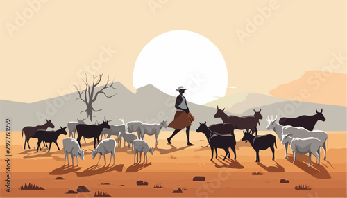 Cowboy and herd of goats in the desert. Vector illustration.
