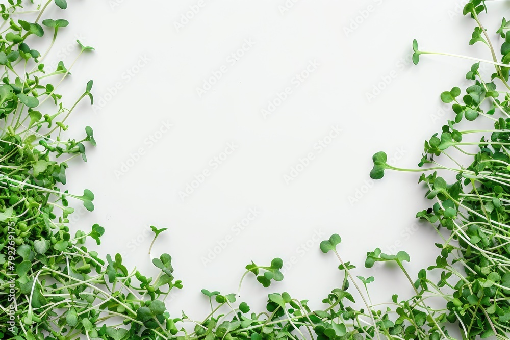 Frame of Microgreens top view on white background with Copy space. Flat lay on Green sprouts of plants or herbs for healthy food diet banner with empty place for text. Spring edible leaves for salads Frame of Microgreens top view on white background with Copy space. Flat lay on Green sprouts of plants or herbs for healthy food diet banner with empty place for text. Spring edible leaves for salads