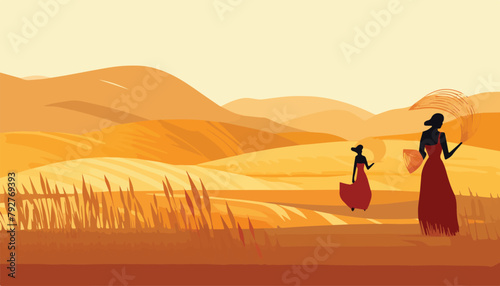 Vector illustration of a woman in a long dress on a wheat field