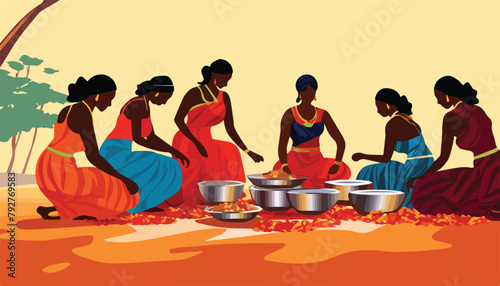 Indian people with utensils for hindu ceremony, vector illustration