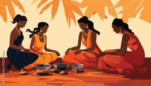 Indian people sitting on the beach and meditating, vector illustration.