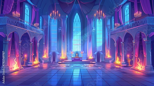 Banquet or ball room at night in a castle or manor house with many windows and curtains, dining tables, chairs, columns, and chandeliers. Cartoon modern large king hall at night. photo