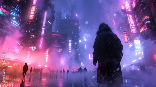 A lone figure stands in the middle of a futuristic city, surrounded by tall buildings and bright lights.
