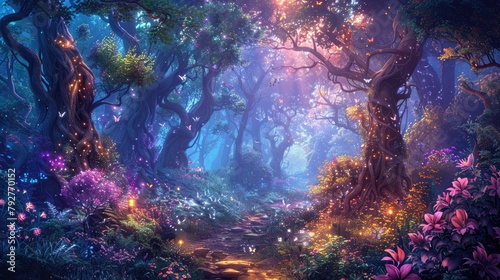 A magical forest with a glowing path leading through it. There are flowers and butterflies everywhere, and the trees are tall and majestic.