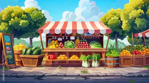 The design features a street market stall with farm produce, vegetables, and local fresh products, and awning stand where visitors can buy organic produce and natural meat or fish. The market stands © Mark