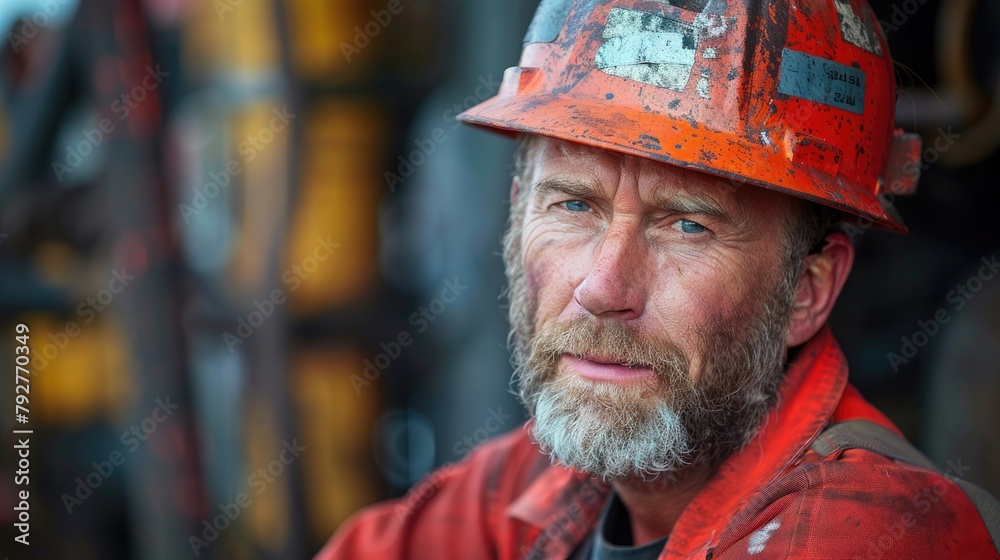 A man in an orange hard hat and red coveralls looks thoughtfully into the camera. A man in an orange hard hat and red coveralls looks thoughtfully into the camera.