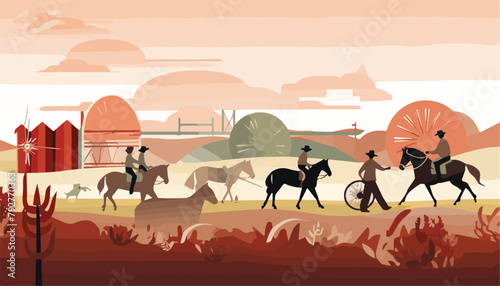 Horseback riding in the desert. Flat style vector illustration.
