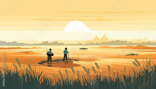 Fishermen on the river bank at sunset. Vector illustration.