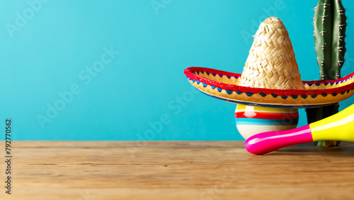 Cinco de Mayo holiday background made from maracas cactus and hat on yellow background Generative AI © Fuji