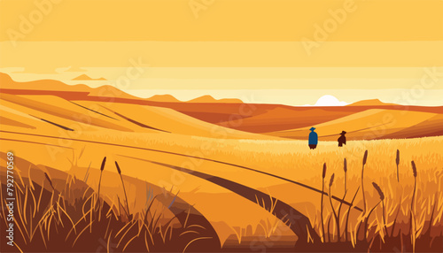 Vector illustration of a farmer in wheat field at sunset. Rural landscape.