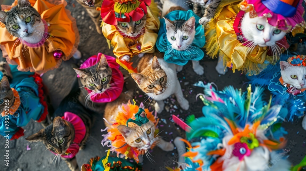 A group of cats dressed in various colorful costumes marching in a parade