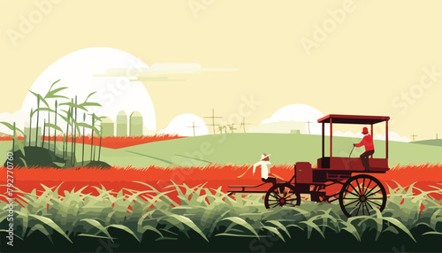 Sugar cane field and tractor vector illustration. Flat style design.