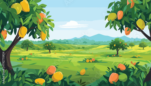 Mango tree on the field vector illustration, flat cartoon style.