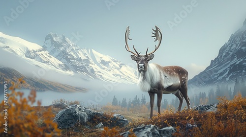 A reindeer standing on a meadow. A series of snow-capped mountains can be seen in the distance. Generative AI. photo
