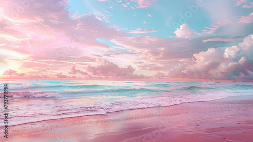 A beautiful pink beach with a blue sea and pink sky.