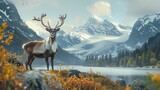 A reindeer standing on a meadow. A series of snow-capped mountains can be seen in the distance. Generative AI.
