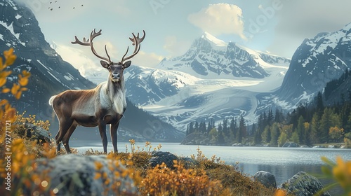 A reindeer standing on a meadow. A series of snow-capped mountains can be seen in the distance. Generative AI. photo