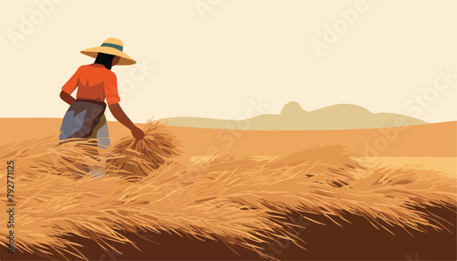 Farmer working on rice field. Vector illustration of farmer harvesting rice.