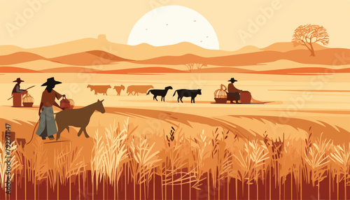 Vector illustration of a rural landscape with a farmer and a cow.