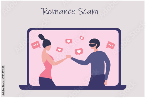 Romance scam, online dating scam, cyber crime concept, woman in love with scammer, hacker chatting online vector illustration