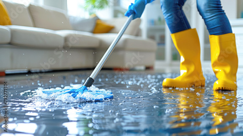 Cleaning the house after a water pipe broke and flooded the apartment. The upstairs neighbors flooded the apartment.