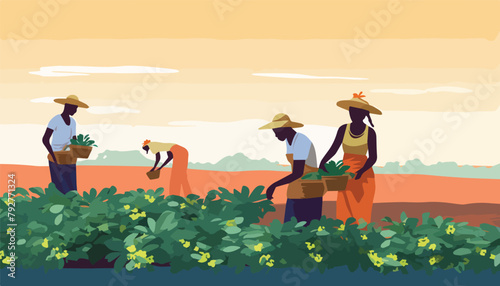 Farmers harvesting potatoes in the field. Vector illustration in flat style