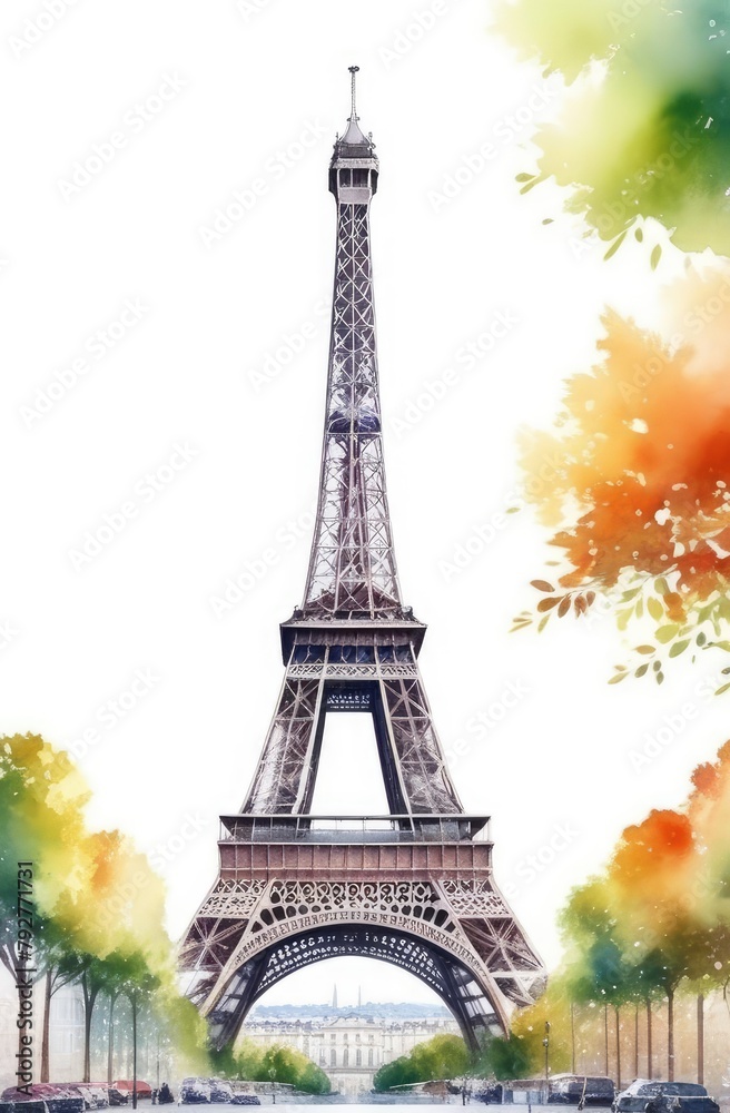 Eiffel Tower, watercolor vertical postcard with famous Paris sight. France capital, travelling