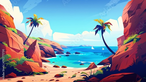 Tropical seascape with rock and palm modern. Summer ocean scene with lagoon and shore. Beautiful seaside coast road for vacation. Tropical horizon paradise day panorama concept.