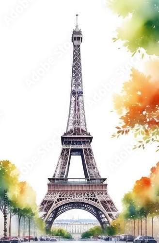 Eiffel Tower  watercolor vertical postcard with famous Paris sight. France capital  travelling