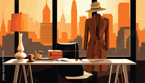 Illustration of fashion designer workspace with mannequin and clothes on the table