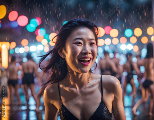Rainy Delight: Cheerful Asian Girl Laughing in the Streets of an Asian City