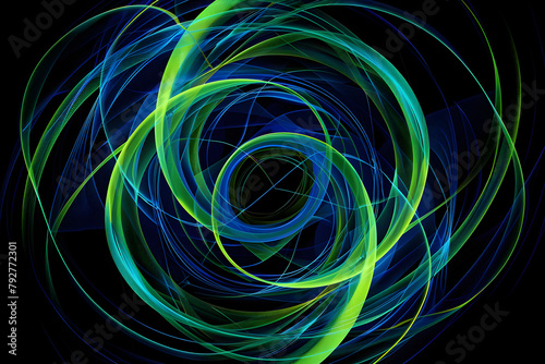 Hypnotic neon lines composition with bright blue and green colors. Mesmerizing artwork on black background.