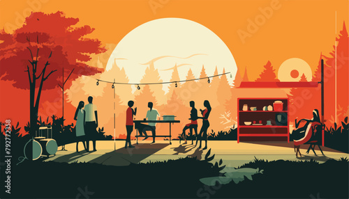 Vector illustration of a picnic in the park at sunset. People relax in the cafe.