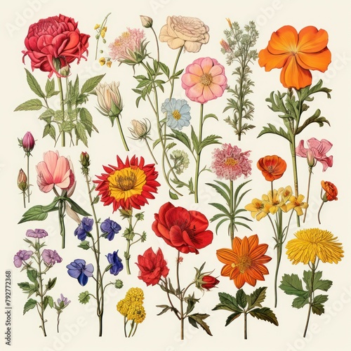 Botany. Set. Vintage flowers. Herbs and Wild Flowers. Colorful illustration in the style of engravings.