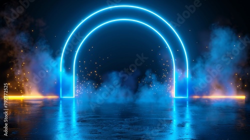 This is a realistic modern of an illuminated portal, access to stage, or passage along hallway with one arch tunnel door frame that is surrounded by steam and halos of glowing neon effect.