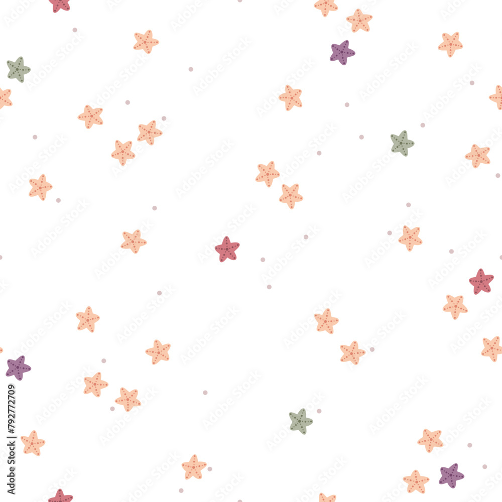 Сoastal sealife seamless vector pattern with cute hand drawn starfishes. Scandinavian design. Fun background for apparel, fabric, wallpaper, textile, packaging, card, gift, cover, wrapping paper.