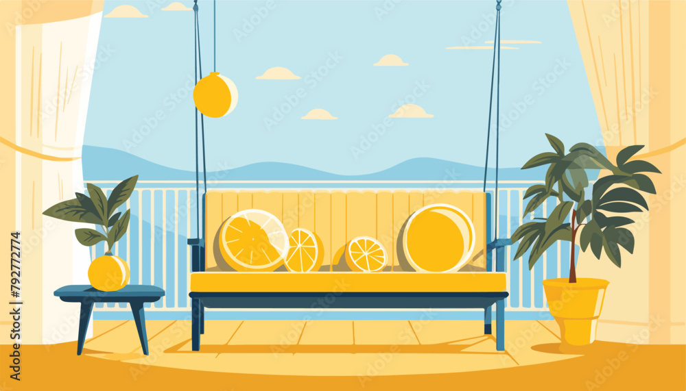 Obraz premium Sauna with a bench, palm trees and oranges. Vector illustration