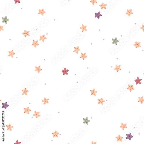 Сoastal sealife seamless vector pattern with cute hand drawn starfishes. Scandinavian design. Fun background for apparel, fabric, wallpaper, textile, packaging, card, gift, cover, wrapping paper.