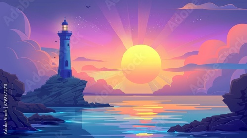 Modern cartoon illustration of mediterranean coastline with a navigation beacon tower above calm water. Beautiful sunrise seascape with clouds in the sky.