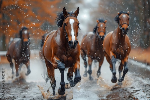 Group of Horses Running in the Rain. Generative AI