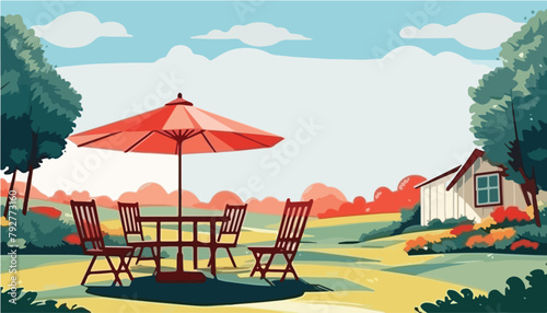 Summer landscape with table, chairs and umbrella. Vector illustration in flat style